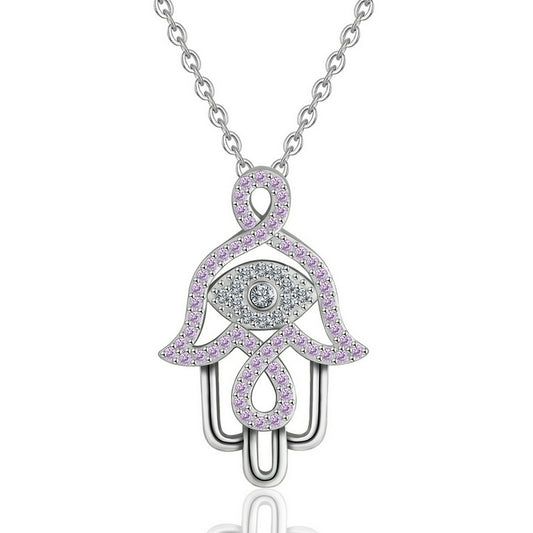 Sterling Silver Evil Eye and Hamsa Necklace with Pink Cubic Zirconia, Rhodium Plated