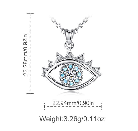 Sterling Silver Evil Eye Necklace with Blue Cubic Zirconia, Rhodium Plated
