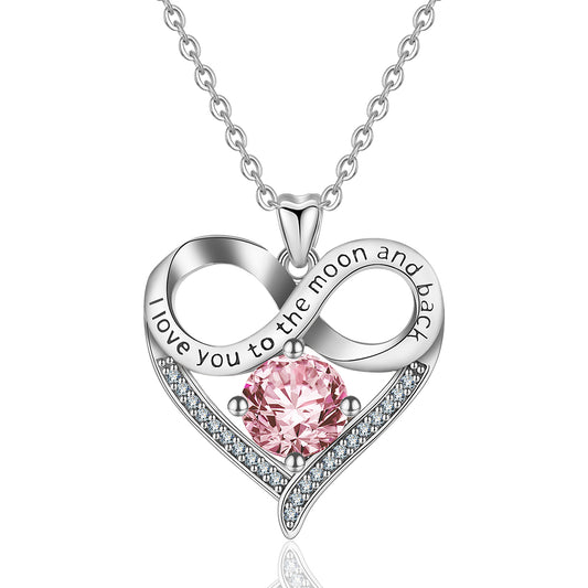 Sterling Silver Heart Necklace with Pink Cubic Zirconia, Rhodium Plated