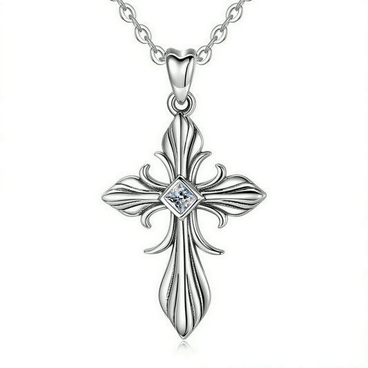 Cross Necklace in Sterling Silver with Cubic Zirconia, Vintage Oxidised, Rhodium Plated,