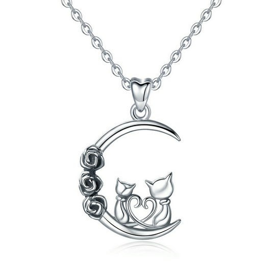 Moon Necklace in Sterling Silver with Vintage Oxidised, Rhodium Plated, for mum