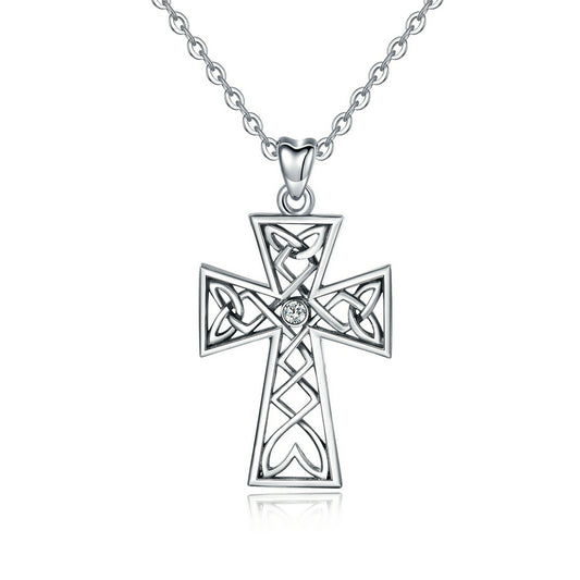 Cross Necklace in Sterling Silver with Cubic Zirconia, Vintage Oxidised, Rhodium Plated,