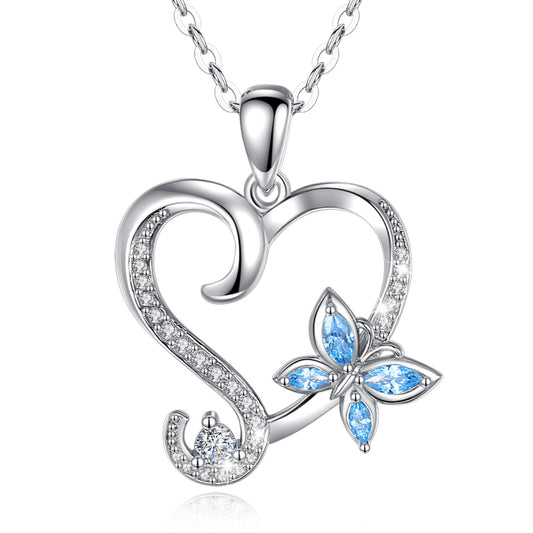 Blue Cubic Zirconia Heart with Butterfly Pendant Necklace, Sterling Silver, Rhodium Plated