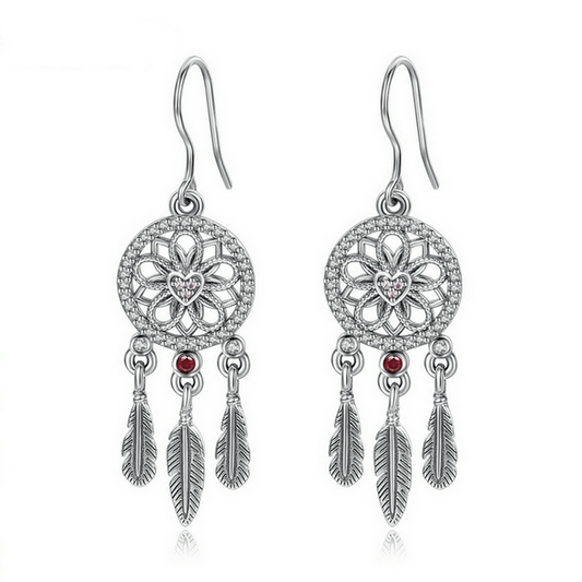 Dream Catcher Earring in Rhodium Plated Sterling Silver with Red Cubic Zirconia